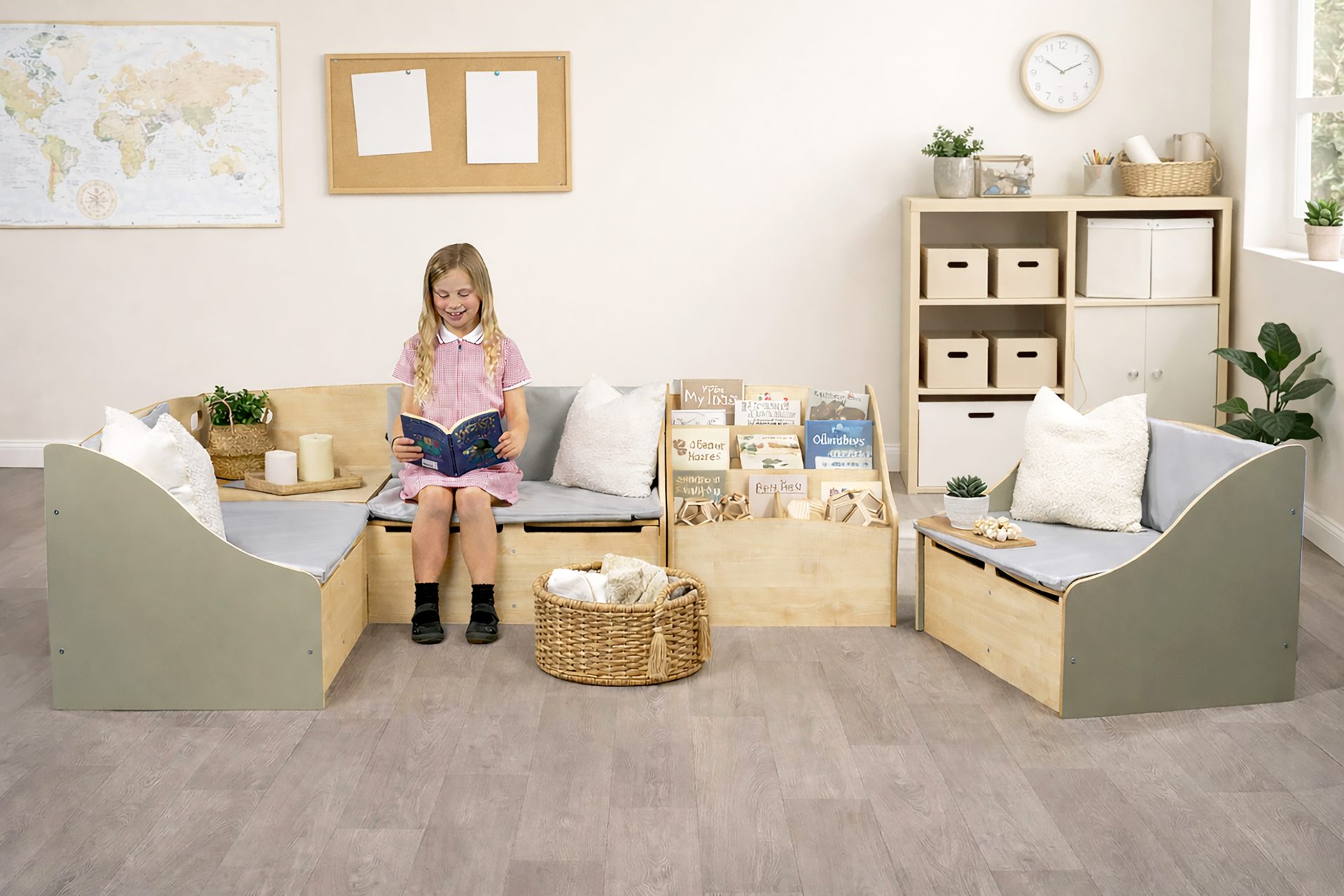 Junior Reading Corner Sofa - Sage Green & Maple - Image 2